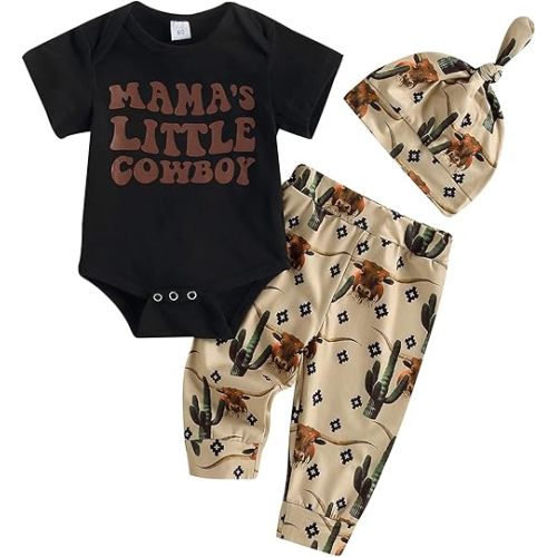 SAYOO Western Newborn Baby Boys Cowboy Outfits Cow Print Letter Bodysuit+Long Leggings+Cap 3pcs Infant Boy Country Clothes