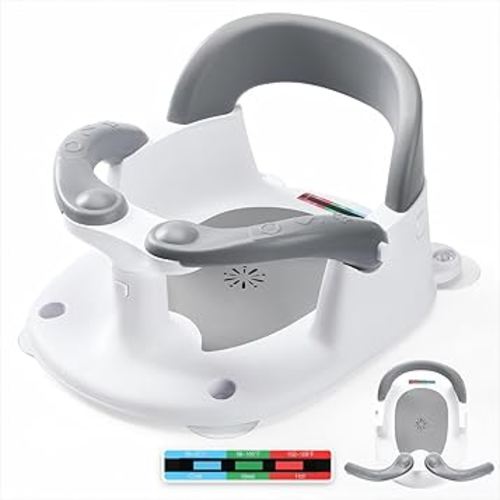 Baby Bath Seat for Babies 6 Months & Up Sitting Up with Temperature Alert+Soft Cushion+Suction Cup,Infant Bath Seat for Baby Bath Chair Toddler Bath seat for Bathtub Tub Shower Grey