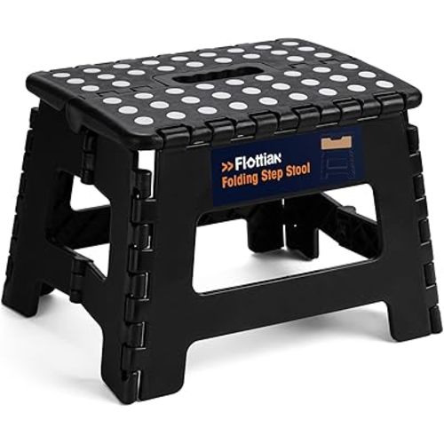 Flottian 9" Folding Step Stool for Adults and Kids Holds Up to 300 lbs,Non-Slip Folding Stools with Portable Handle, Compact Plastic Foldable Step Stool for Bathroom,Bedroom, Kitchen Black