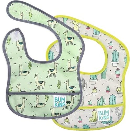 Bumkins Bibs, for Baby Girl or Boy, Infant 3-9 Months, Essential Must Have for Eating, Feeding, Baby Led Weaning, Mess Saving Waterproof Soft Fabric, Starter Bib 2-pk Cactus and Llama Green