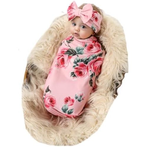 Galabloomer Receiving Blanket Headband Set Flower Print Baby Swaddle Receiving Blankets