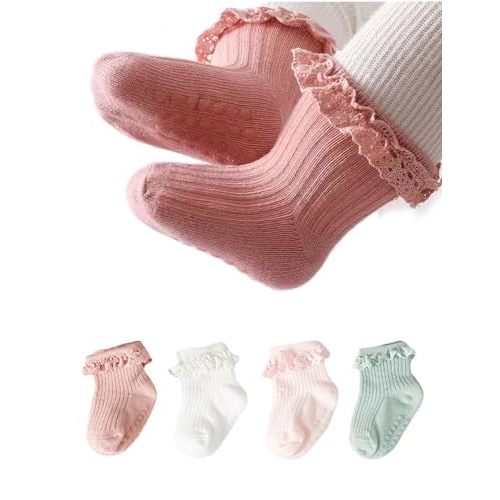 Newborn Baby Girls Lace Socks for Infant Ruffle Eyelet Princess, Cotton, 4 Pack