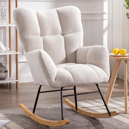 FOXHUNTER Rocking Chair Nursery Teddy Upholstered Glider Rocker High Backrest Nursery Rocker Comfortable Stylish Accent Armchair for Living Rooms Bedrooms Offices (Teddy Ivory)