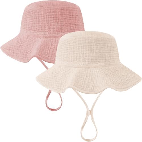 2 Pack Muslin Baby Sun Hat UPF 50+ Sun Protection Baby Bucket Hat with Wide Brim Beach Hats for Boys Girls