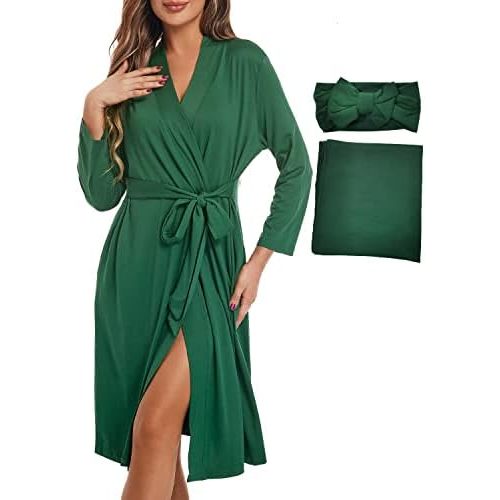 SUFEINI Maternity Robe with Matching Swaddle Blanket Set, Maternity Mommy Bathrobe Postpartum Robe Labor Gown