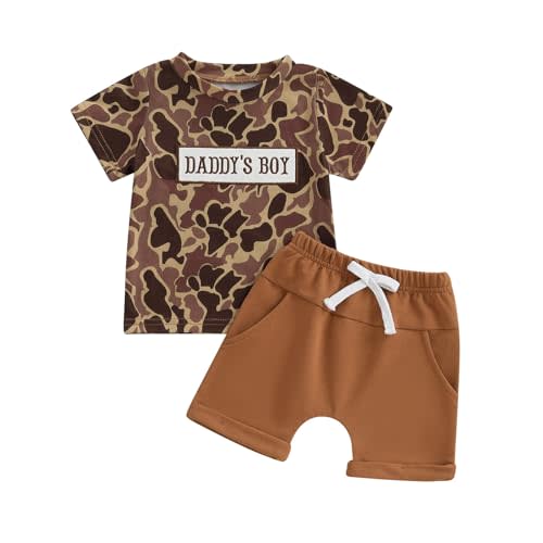 PUHHAPIEY Toddler Baby Boy Summer Clothes Retro Embroidery Duck Hunting Shirts T-Shirt + Elastic Camouflage Shorts Set
