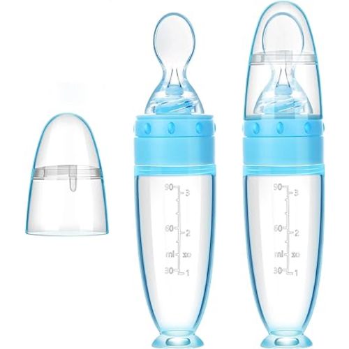 2 Pieces Silicone Baby Spoons Baby Feeding Spoon with Standing Base for Infant 0-24 Months Dispensing and Feeding (Blue)