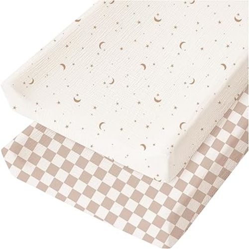 Konssy Muslin Changing Pad Cover for Baby Girls Boys, 100% Cotton Fitted Diaper Chang Table Covers, Soft Breathable Changing Pad Sheets, 2 Pack (Coffee Check,Moon)