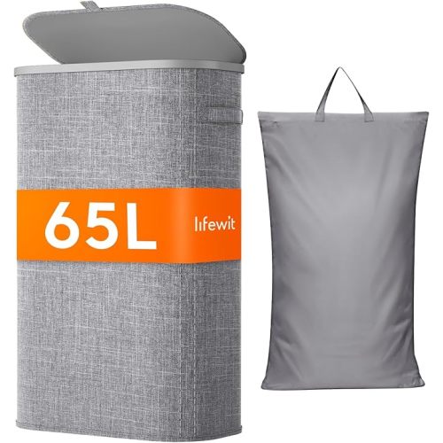 Lifewit 65L Slim Laundry Basket with Lid, Narrow Large Laundry Hamper with Plastic Handles and Removable Bag, Tall Foldable Dirty Clothes Hampers for Laundry Room, Bedroom, Bathroom, Dorm, Gray