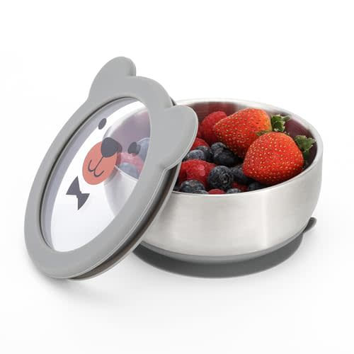 MR. CHOU Baby Bowls with Non-Slip Silicone Suction Cup, Insulated Double-Layer 304 Stainless Steel Toddler Bowls with BPA Free Airtight Lids, Food-Grade Silicone Safe for Kids (Gray)
