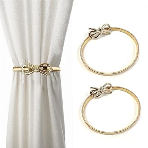 Curtain Hold Backs for Curtains Shiny Metal Curtain Tiebacks Engraving Design Curtain Buckle Set of 2 Window Curtain Holdbacks Elegant Gold Holders for Home and Office Window Decoration (Gold Bow)