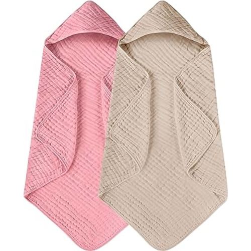 Yoofoss Hooded Baby Towels for Newborn 2 Pack 100% Muslin - beige and bean paste