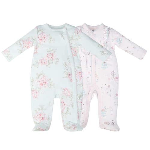 Minicoco 100% Cotton Baby Girls Footies Set of 2, 0-12 Months Long Sleeve Soft and Comfortable Toddler Girls' Footed