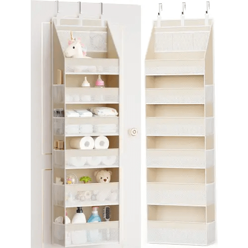 Criusia Over the Door Organizer, 6-Shelf Closet Hanging Storage with 13 Mesh Pockets, 55lbs Capacity Behind the Door Storage for Baby Nursery, Bathroom, Bedroom, and Dorm, Beige