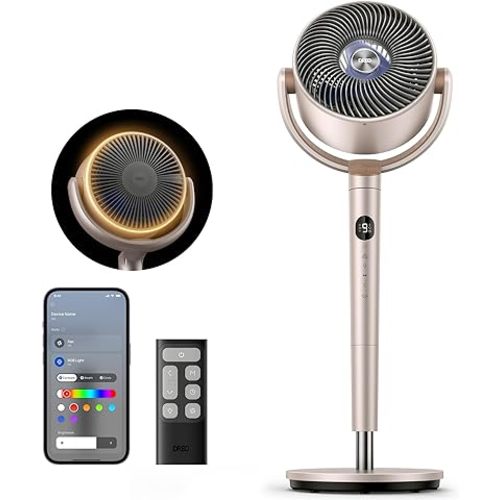 DREO Smart Fans for Bedroom, 120° +120° Omni-Directional Oscillating Fan, 100ft Quiet Pedestal Fan with RGB Light, 9 Speeds, 6 Modes, 20dB, 8H Timer, Wi-Fi/Voice, 35-40" Floor Fans, Starlight