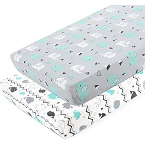 Pack n Play Sheets, BROLEX 2 Pack Mini Crib Sheets,Stretchy Portable Fitted Playard Sheet Set, Convertible Playard Mattress Cover,Ultra Soft Breathable Material,Elephant & Whale