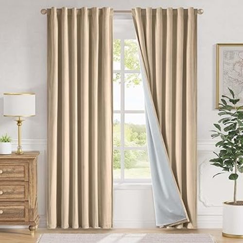 Lazzzy Cream Blackout Velvet Curtains 84 Inch Long Thermal Insulated Room Darkening Curtain Drapes Luxury Back Tab Window Treatments for Bedroom Living Room 2 Panels, 52 x 84 Inch, Latte