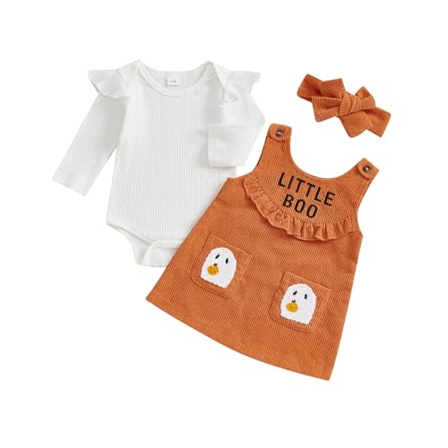 MoZiKQin Baby Girl Halloween Outfit Long Sleeve Ribbed Romper Ghost Embroidery Overall Dress Headband Cute Fall Clothes