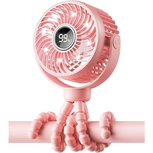 Mini Portable Stroller Fan for Travel,360° Rotation,4-Speed LED Night Light Clip on Fans Operated by Rechargeable Battery, Cordless Fan with Tripod Car Seat Baby Pram (Pink)