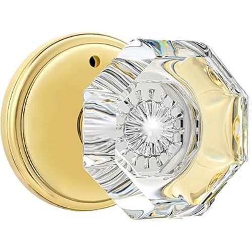 Privacy Crystal Glass Door Knobs Interior with Lock, Modern Octagon Door Knobs for Bedroom/Bathroom, Gold/Polished Brass