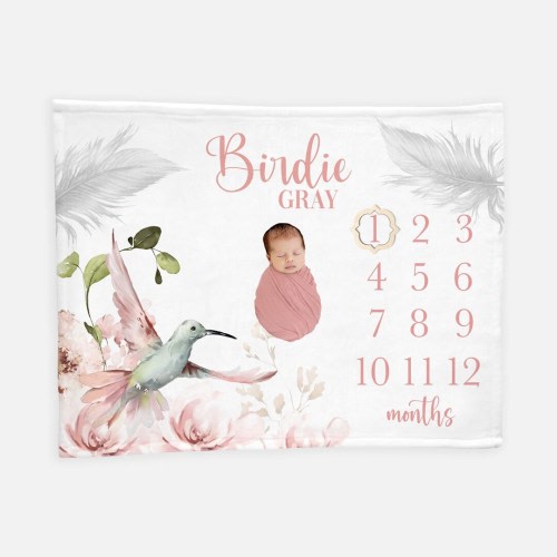 Bird Baby Girl Milestone Blanket, Personalized Baby Blanket, Monthly Baby Blanket, Hummingbird Baby Blanket, Bird Girl Blanket G41