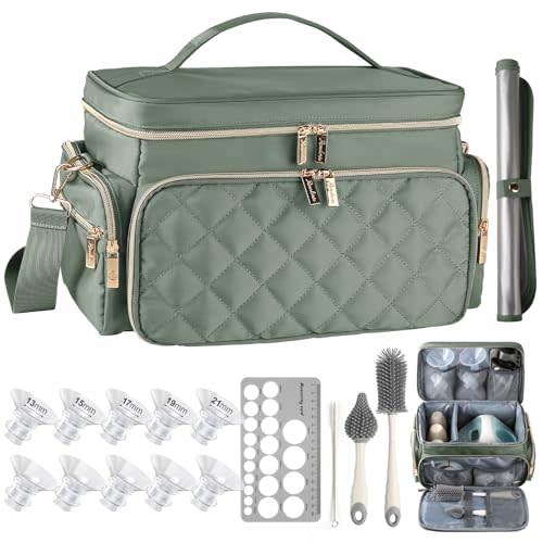 Breast Pump Bag Kit for Spectra S1/S2, Pumping Bag with Bottle Brush Set,10Pcs Flange Inserts for 24mm Flange, Nipple Ruler, Waterproof Mat, Pump Carrying Case for Work Travel, Sage Green