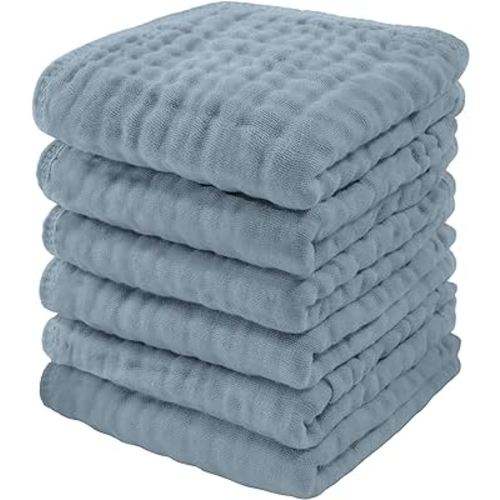 Comfy Cubs Muslin Baby Washcloths 6 Pack - Soft 6-Layer Cotton Wash Cloths for Sensitive Skin - 10"x10" Large, Gentle, Absorbent Infant Essentials for Newborn and Toddlers - Pacific Blue