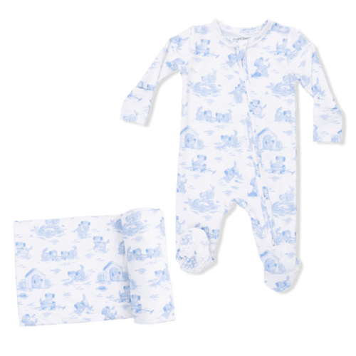 Puppy Toile Blue - 2 Way Zipper Footie & Swaddle Blanket Set