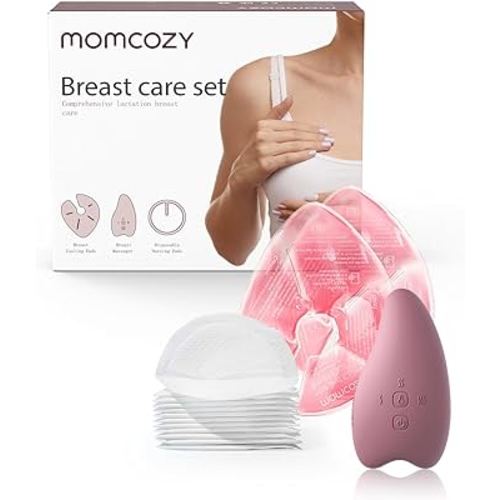 Momcozy Breastfeeding Essentials Care Kit for Nursing Moms-Warming Lactation Massager 2-in-1, 2 Hot and Cold Breast Therapy Packs, 20 Nursing Pads, Postpartum Recovery Essentials Series, 23 Pieces