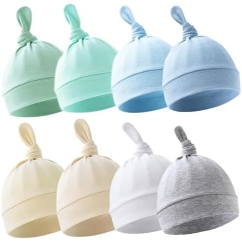 BEoffer 8 Pack Baby Newborn Hats Set Top-Knot Beanie Soft Stretchable Hats Adjustable Caps for Infant Girls Boys 0-6 Months