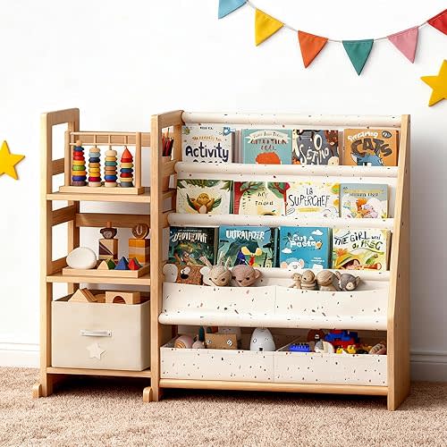 Kids Bookshelf and Toy Storage - 3 Tier Wood Kid Book Shelf for Kids Room, Toddler Bookshelf Book Organizer with Sling Pocket, Baby Bookcase for Nursery, Kindergarten, Playroom - Cream Terrazzo