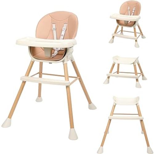 Convertible Baby High Chair, 6-in-1 High Chairs with 2-Level Height Adjustable Legs, 3-Level Adjustable Tray for Babies and Toddlers, Baby Highchair with 5-Point Safety Belt & Footrest, Pink