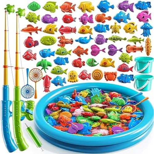 JUKUDAHU Magnet Fishing Toys Game for Kids 3-5 - Floating Fish Toys with Inflatable Kiddie Pool, Bath for Toddlers, Pole Rod Net, Outdoor Party for Boys Girls Kids Age 3 4 5 6 7 8 Year Old