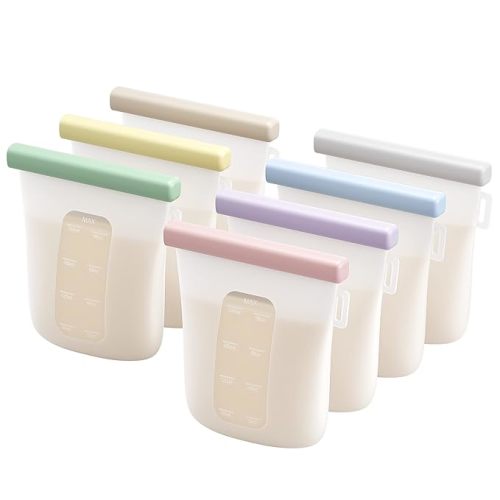 Nuliie 7 Pcs Silicone Breastmilk Storage Bags Reusable, 8oz/240ml Double Leak-Proof Breastmilk Freezer Bags, BPA Free Self-Standing Milk Bags for Breastfeeding, Baby Food Pouches - Color - 7 Count