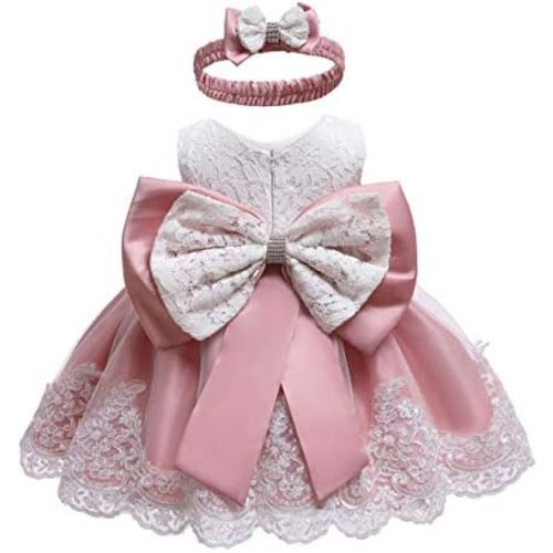 Baby Girls Dress Christening Baptism Party Formal Dress with Headwear
