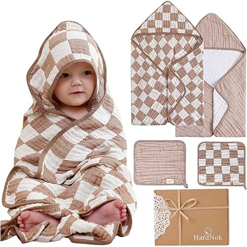 4-Pc Ultra-Soft Muslin Baby Towel Set - Bath & Beach, (Coffee Checkered, 32“x32)