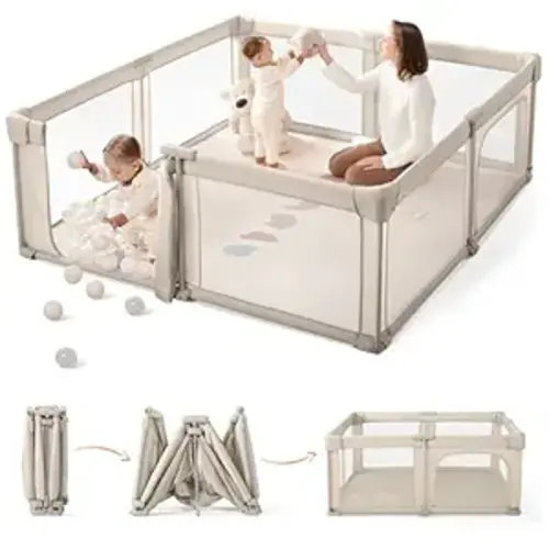 Baby Playpen, 79x71 Inch Baby Gate Playpens for Babies and Toddlers, Extra Large Playpen with Door Play Yard for Fence Indoor and Outdoor Play Pen,Light Khaki