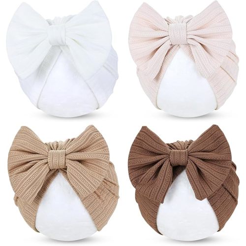 Cinaci 4 Pieces Baby Girls Turban Hats with Bow Newborn Hospital Caps Bonnets Beanies Headwraps for Infants Toddlers