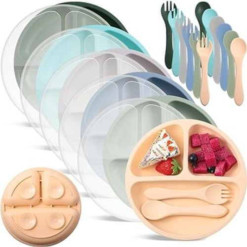 Meanplan 6 Pack Suction Plates for Toddlers with Lids Silicone Baby Plates set Food Grade Silicone Divided Design BPA Free Microwave and Dishwasher Safe Assorted Colors(Mixed Colors)