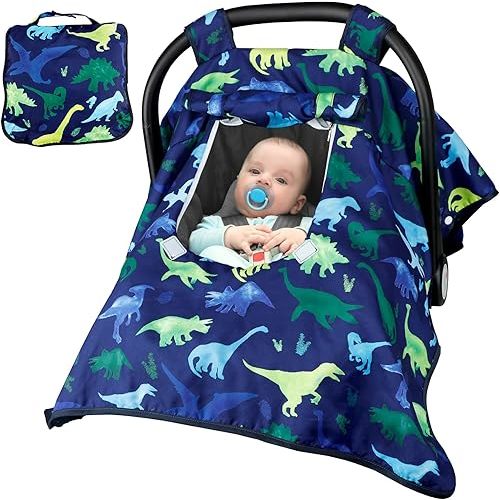 Carseat Cover Boy, Winter Baby Carseat Seat Cover, Carseat Canopy Cozy & Warm Cover with Peep Windows, Blue Dinosaur Stuff