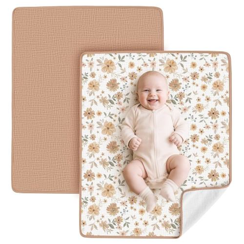 Konssy Muslin Cotton Diaper Changing Pad 2 Pack,Portable Baby Changing Mat with Terry Backing, Leak-Proof, Soft & Foldable Travel Pad, Shower Gift for Newborn Boys and Girls