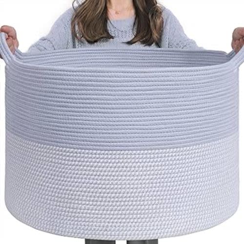 INDRESSME Large Rope Baskets for Organizing, 21.7 x 13.8 Blanket Storage Basket Living Room Toy Baskets Storage Kids, Decorative Nursery Laundry Basket for Colthes Towel, Empty Gift Basket, Blue
