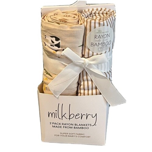 Milkberry Swaddling Blankets Newborn Rayon Bamboo Beige Stripes Farm Animals Cow