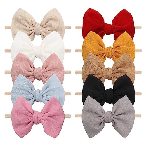YanJie 4.5'' Nylon Bow Headbands for Baby Girls - Handmade Tied Bows Hair Accessories for Infants and Toddlers - 10 Pieces