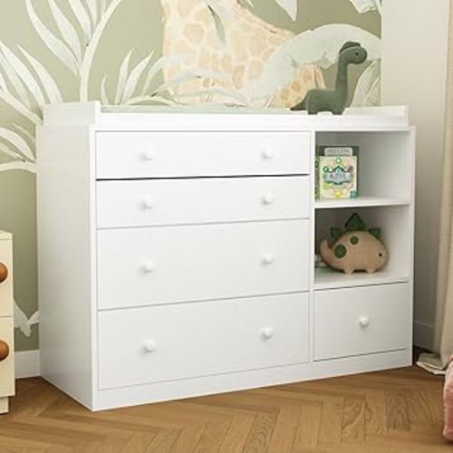 Changing Table Dresser, Baby Classic Nursery Dresser with 5 Drawers and 2 Shelves, Multi-Functional Baby Changing Table, Diaper Changing Station for Children's Room, White