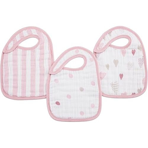 aden + anais 100% Cotton Muslin Snap Bib – Super Absorbent, Soft 3-Layer Baby Bib for Boys & Girls with Adjustable Snap-Closure for Teething, Eating, Drooling, 3-Pack, Heart Breaker