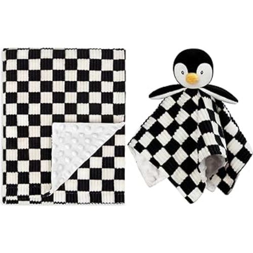 Baby Blanket+Baby Security Blanket for Boys Comfy Durable Corduroy Toddler Blanket with Double Layer Dotted Backing Checkerboard Grid Chessboard Gingham Warmer Bed Blankets for Newborn Infants Black
