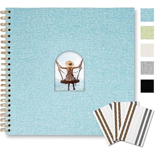 Vienrose 12X12 Inch DIY Scrapbook Album Linen Arch Window Photo Album 80 Blank Pages Scrap Book Photo Albums for Wedding Baby Shower, Light Blue