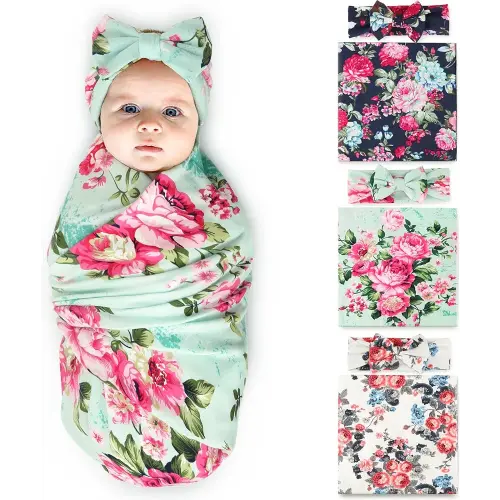 DRESHOW BQUBO 3 Sets Receiving Blanket with Headbands Newborn Baby Floral Printed Baby Shower Swaddle Gift