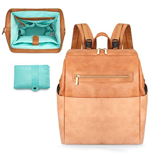 MOMINSIDE Diaper Bag Backpack, Leather Backpack with 16 Pockets for Mom Dad, Baby Registry Search, Fits 15 Inch Laptop, 4 Insulated Pockets, Changing Pad, Brown